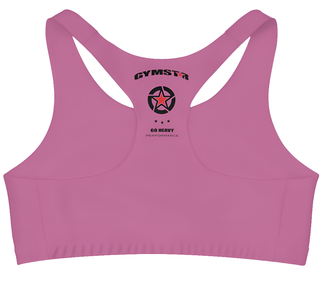 A purple Gymstar sports bra from behind, with the brand's logo and a slogan 'GO HEAVY' visible on the back.