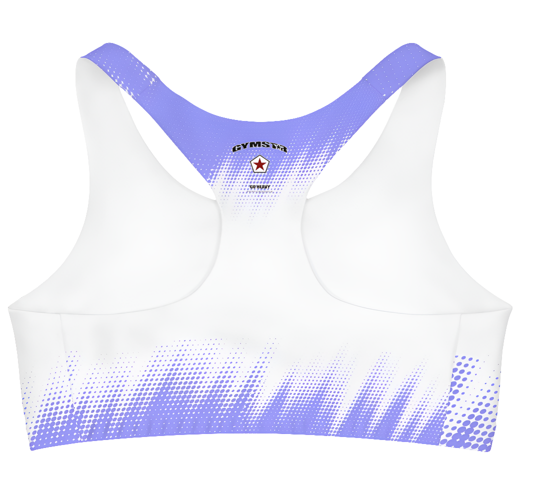 A women's athletic sports bra. It is primarily white with a blue, dotted, gradient pattern that radiates from the sides and bottom. The straps are solid blue. A small logo featuring a star  on the centre of the back.