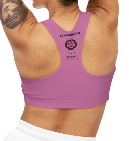 A person wearing a purple Gymstar sports bra from behind, with the brand's logo and a slogan 'GO HEAVY' visible on the back.