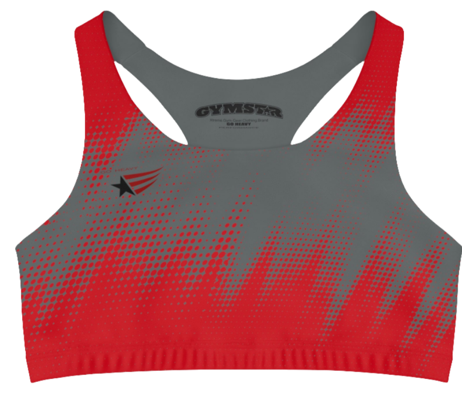 A women's athletic sports bra, shown from the front. The main body is gray with a red, dotted, gradient pattern that radiates from the sides and bottom. The straps are solid red and form a racerback style at the back. A small logo featuring a star and three red and blue stripes is on the left side of the chest.