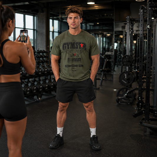 Man in a gym wearing a green t-shirt with 'GYMSTAR' text, standing in front of a mirror as a woman takes his photo.