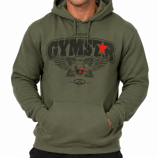 Man wearing a green hoodie with 'GYMSTAR' graphic design on a white background