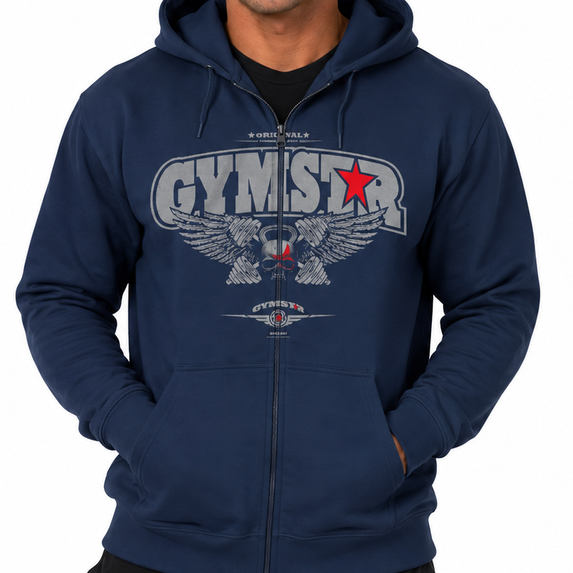 Man wearing a blue hoodie with 'Gymstar' branding posing in a gym for the photo