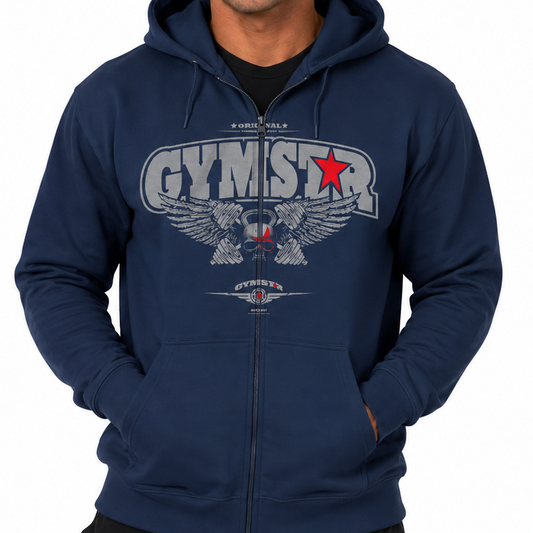 Man wearing a blue hoodie with 'Gymstar' branding posing in a gym for the photo