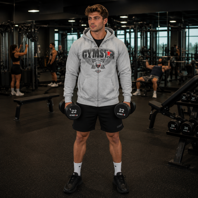 Man wearing a grey hoodie with 'Gymstar' branding, lifting dumbels in a gym.