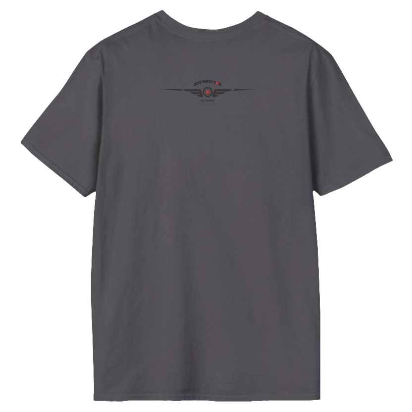 A sports grey Gymstar fitness t-shirt with the brand logo and a motivating design Training Day. Rear view.