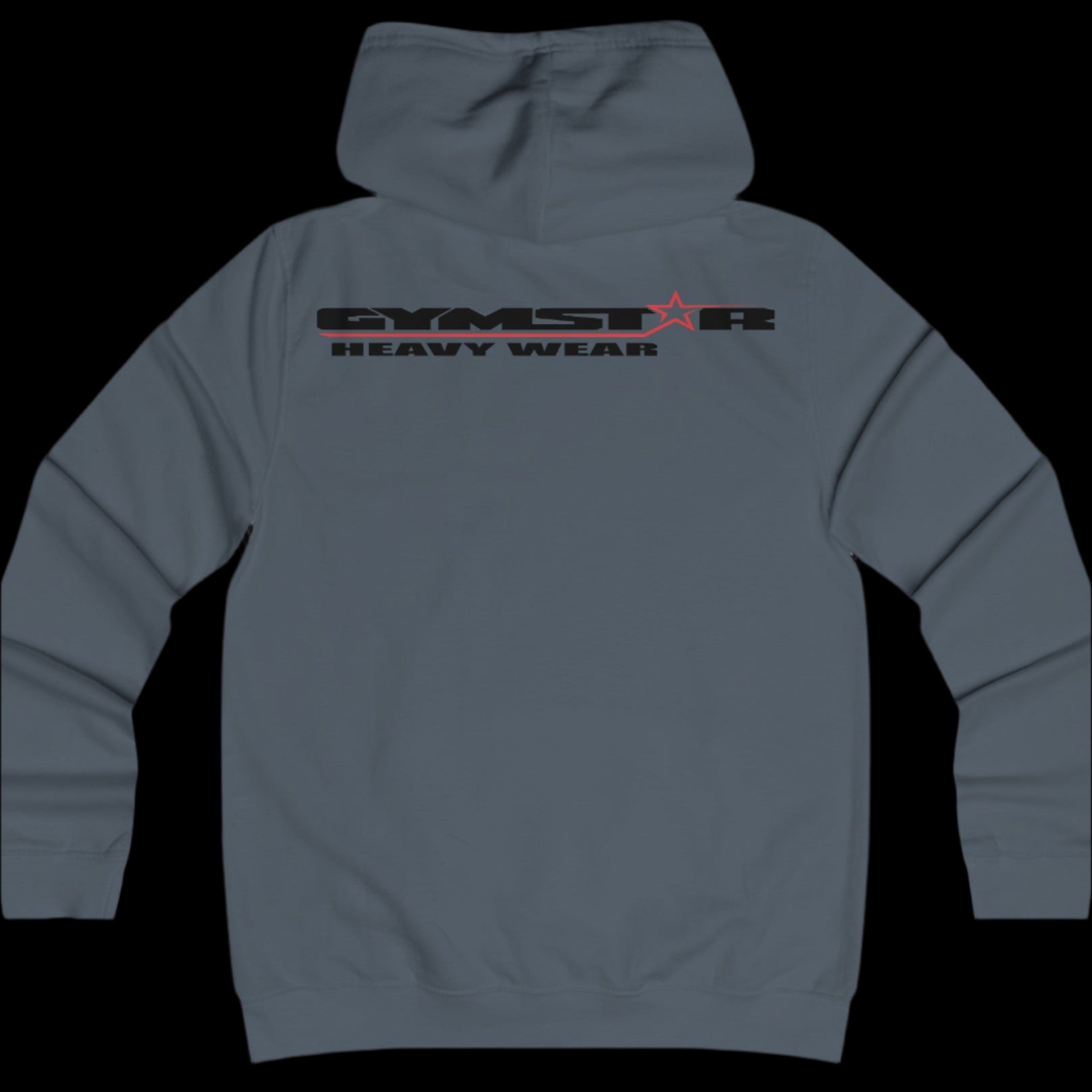 Sport grey color athletic hoodie gymstar with black graphic featuring the text "heavy wear" and a  GYMSTAR logo on the back. Rear view.
