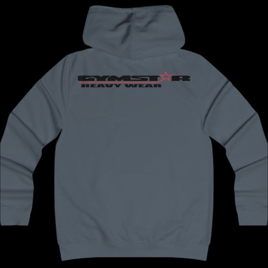 Sport grey color athletic hoodie gymstar with black graphic featuring the text "heavy wear" and a  GYMSTAR logo on the back. Rear view.