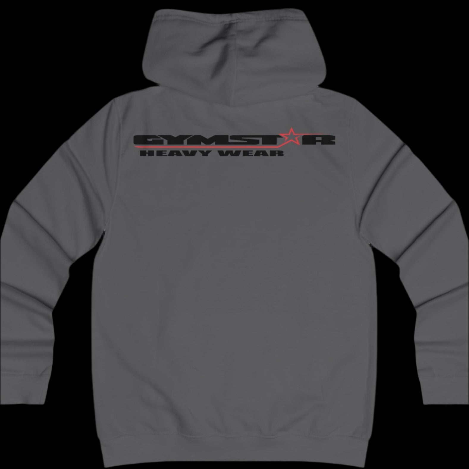 Sport sport grey color athletic hoodie gymstar with black graphic featuring the text "heavy wear" and a  GYMSTAR logo on the back. Rear view.