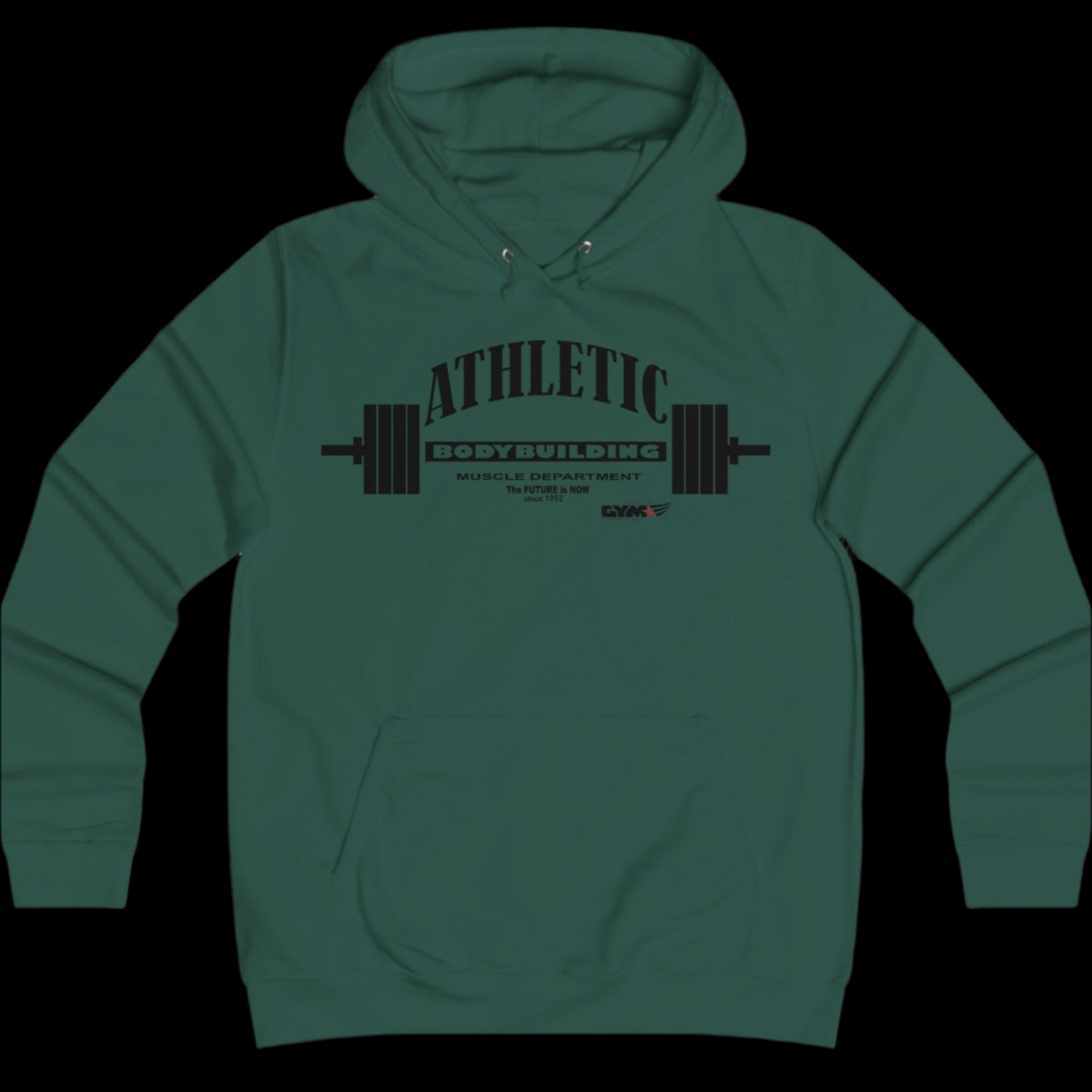 Sport metallic green color athletic hoodie gymstar with black graphic featuring the text "ATHLETIC BODYBUILDING MUSCLE DEPARTMENT," a barbell illustration, and small GYMSTAR logo on the chest.