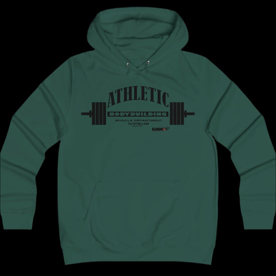 Sport metallic green color athletic hoodie gymstar with black graphic featuring the text "ATHLETIC BODYBUILDING MUSCLE DEPARTMENT," a barbell illustration, and small GYMSTAR logo on the chest.