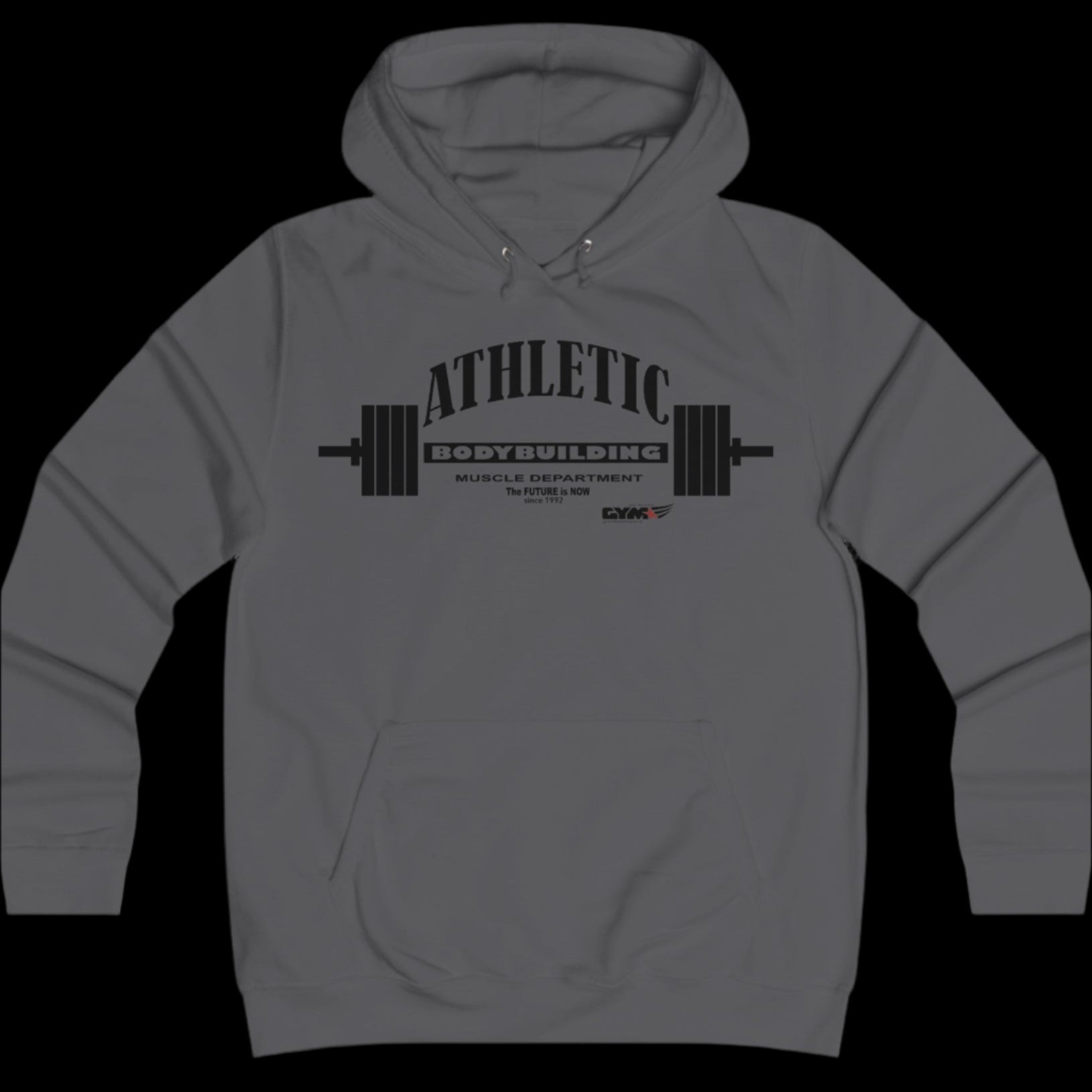 Sport grey athletic hoodie gymstar with black graphic featuring the text "ATHLETIC BODYBUILDING MUSCLE DEPARTMENT," a barbell illustration, and small GYMSTAR logo on the chest.