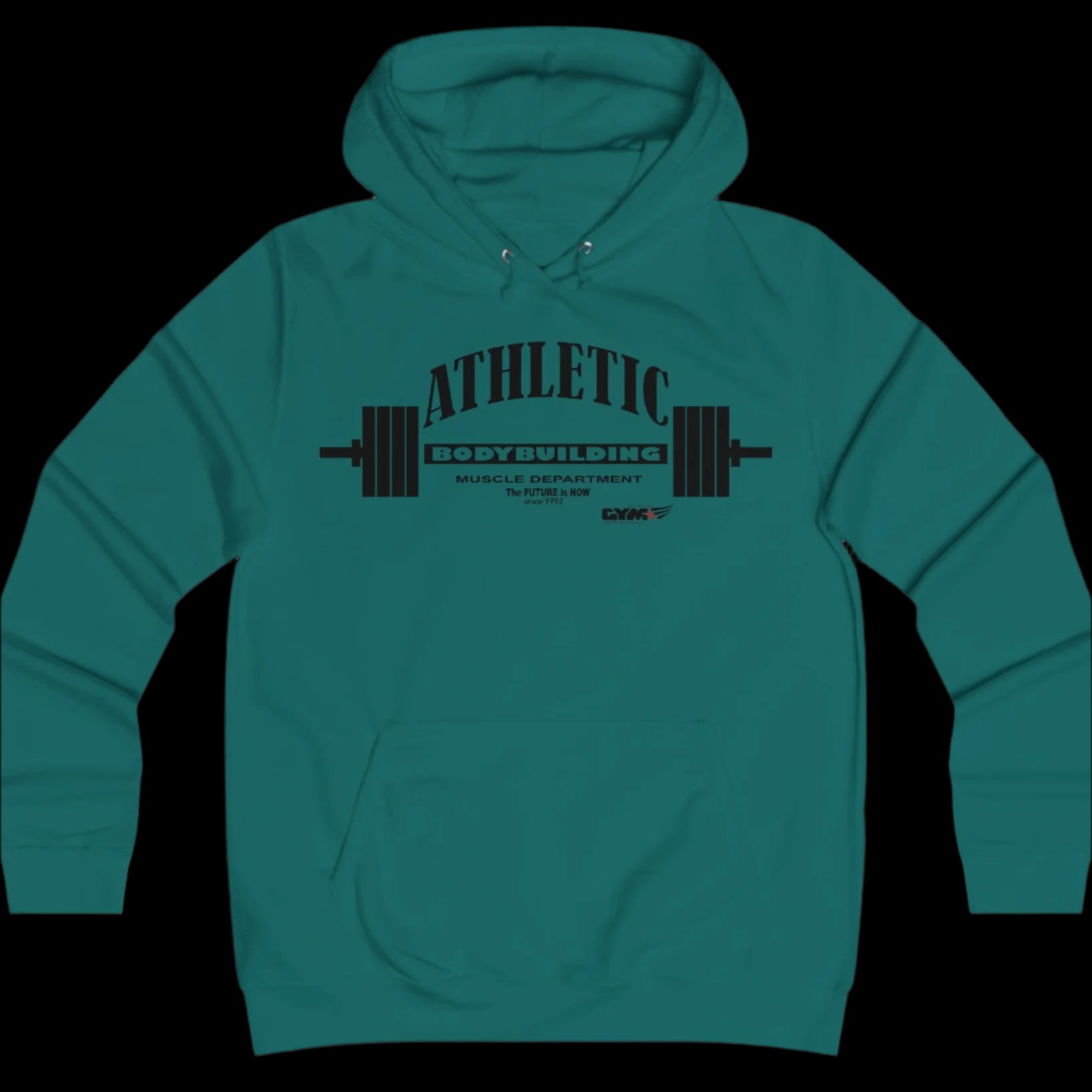 Sport electric green color athletic hoodie gymstar with black graphic featuring the text "ATHLETIC BODYBUILDING MUSCLE DEPARTMENT," a barbell illustration, and small GYMSTAR logo on the chest.