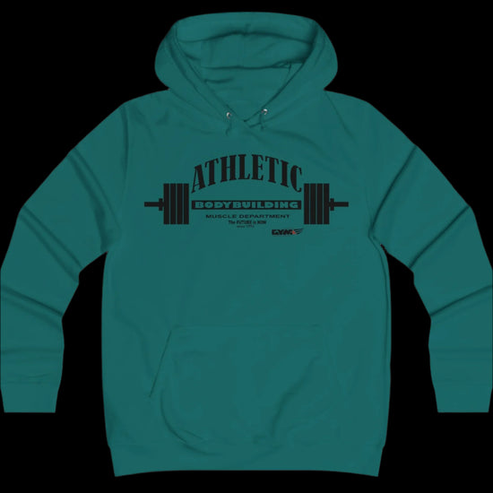 Sport electric green color athletic hoodie gymstar with black graphic featuring the text "ATHLETIC BODYBUILDING MUSCLE DEPARTMENT," a barbell illustration, and small GYMSTAR logo on the chest.