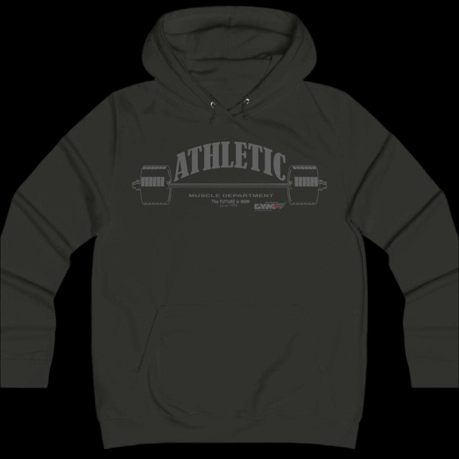 Sport dark grey color athletic hoodie gymstar with light grey graphic featuring the text "ATHLETIC BODYBUILDING MUSCLE DEPARTMENT," a barbell illustration, and small GYMSTAR logo on the chest. 