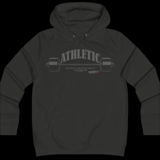 Sport dark grey color athletic hoodie gymstar with light grey graphic featuring the text "ATHLETIC BODYBUILDING MUSCLE DEPARTMENT," a barbell illustration, and small GYMSTAR logo on the chest. 