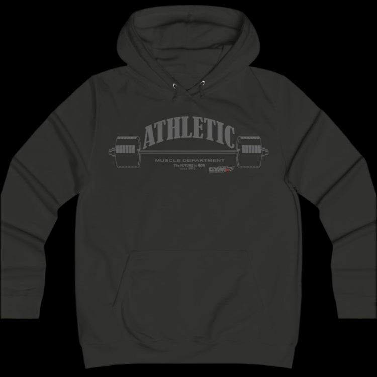 Sport dark grey color athletic hoodie gymstar with light grey graphic featuring the text "ATHLETIC BODYBUILDING MUSCLE DEPARTMENT," a barbell illustration, and small GYMSTAR logo on the chest. 