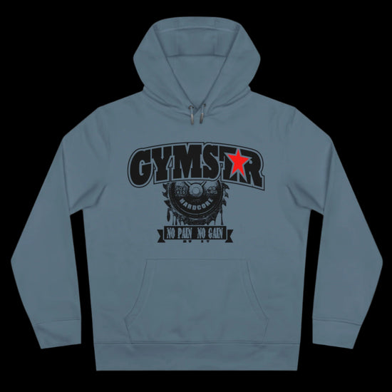 Sport steel blue athletic hoodie gymstar with black graphic featuring the text "NO PAIN NO GAIN" barbel graphic and a  GYMSTAR logo. Front view.
