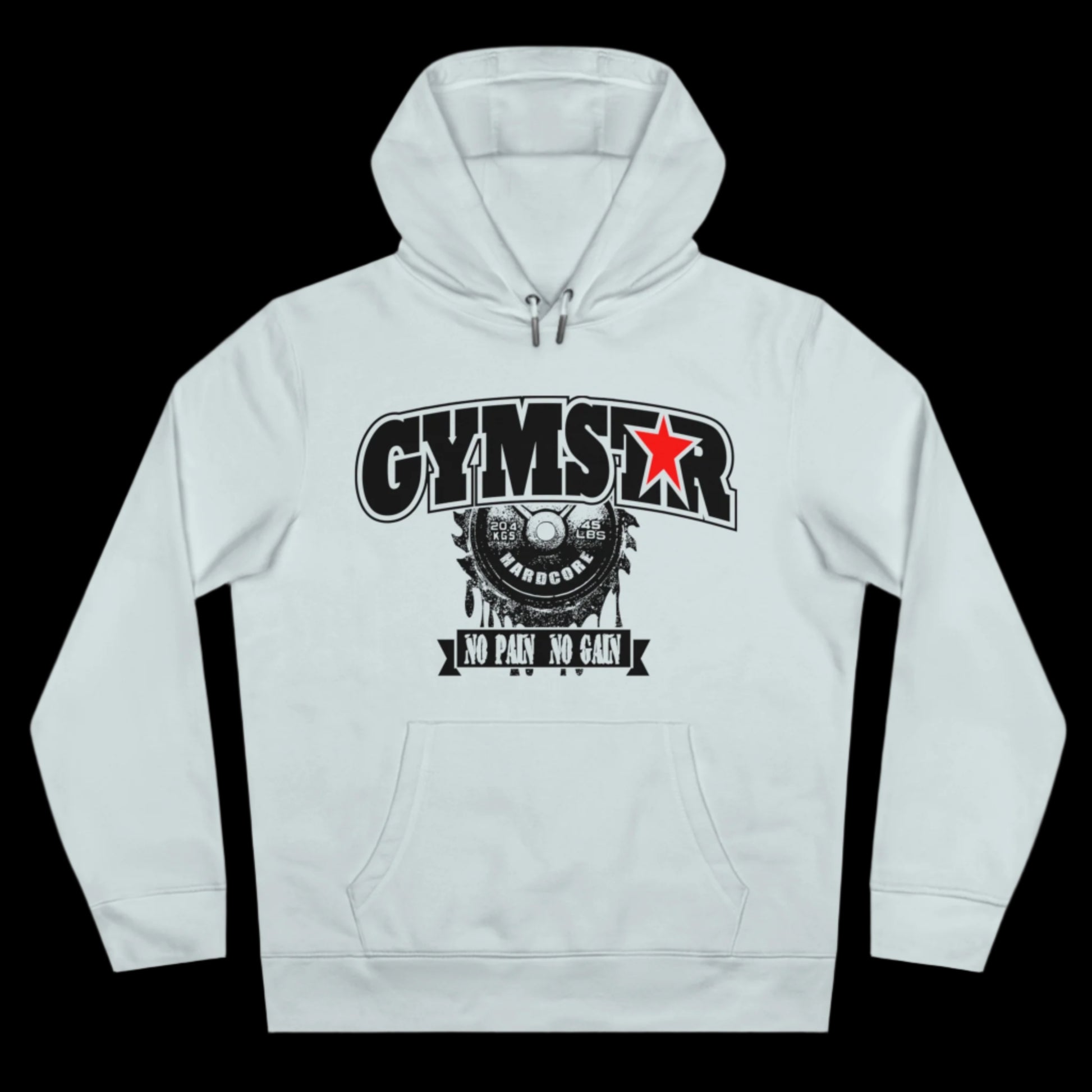 Sport light blue athletic hoodie gymstar with black graphic featuring the text "NO PAIN NO GAIN" barbel graphic and a  GYMSTAR logo. Front view.