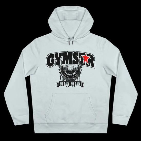 Sport light blue athletic hoodie gymstar with black graphic featuring the text "NO PAIN NO GAIN" barbel graphic and a  GYMSTAR logo. Front view.