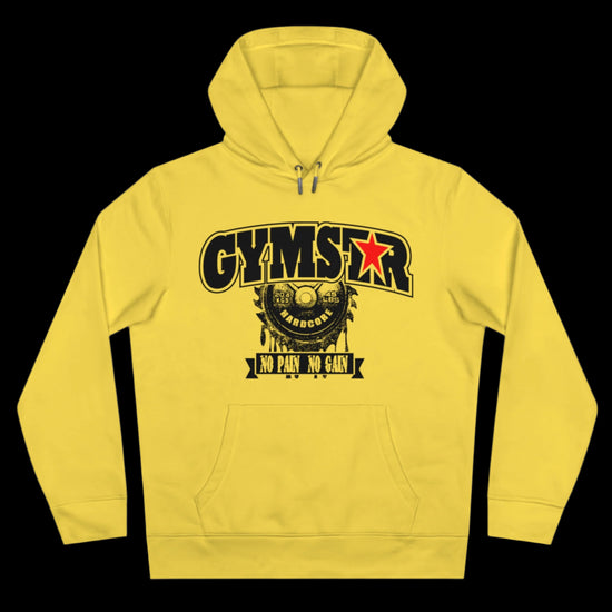 Sport yelow athletic hoodie gymstar with black graphic featuring the text "NO PAIN NO GAIN" barbel graphic and a  GYMSTAR logo. Front view.