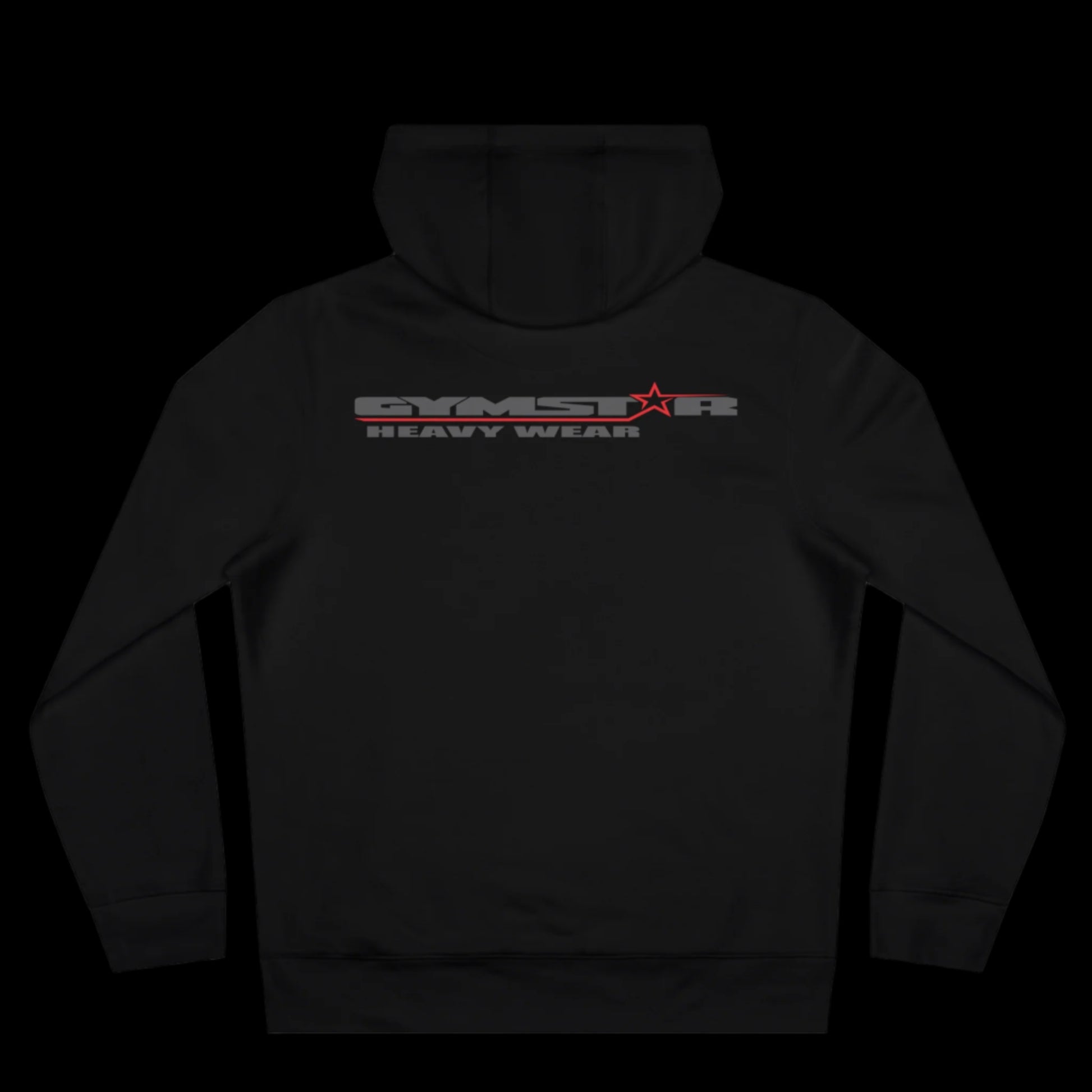 Sport black athletic hoodie gymstar with black graphic featuring the text "HEAVY WEAR" barbel graphic and a  GYMSTAR logo. Rear view.