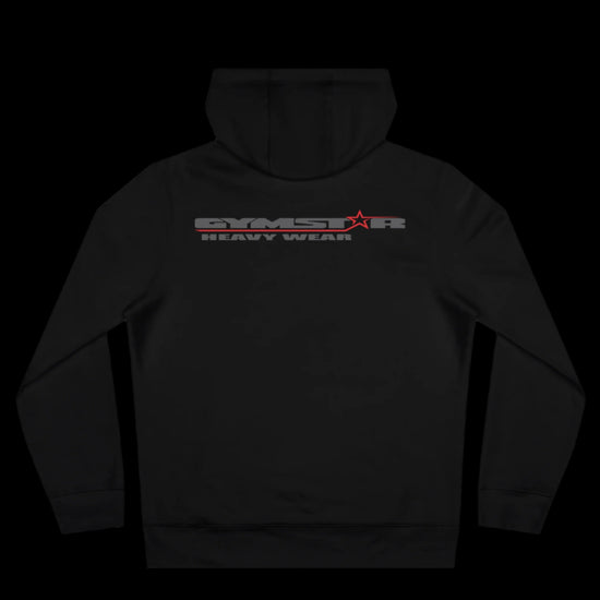 Sport black athletic hoodie gymstar with black graphic featuring the text "HEAVY WEAR" barbel graphic and a  GYMSTAR logo. Rear view.