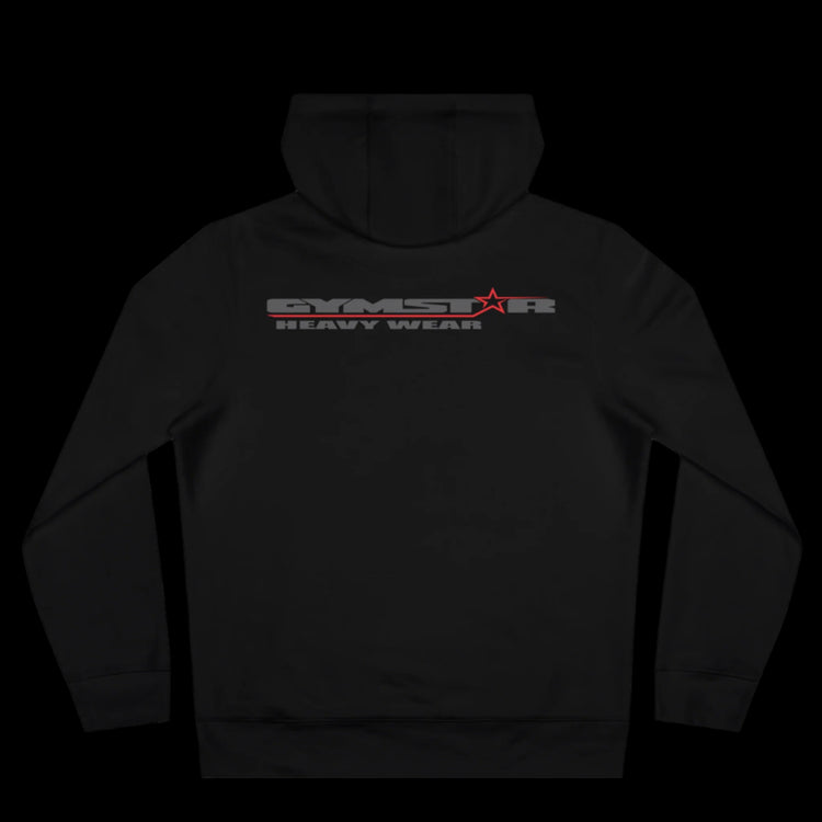 Sport black athletic hoodie gymstar with black graphic featuring the text "HEAVY WEAR" barbel graphic and a  GYMSTAR logo. Rear view.