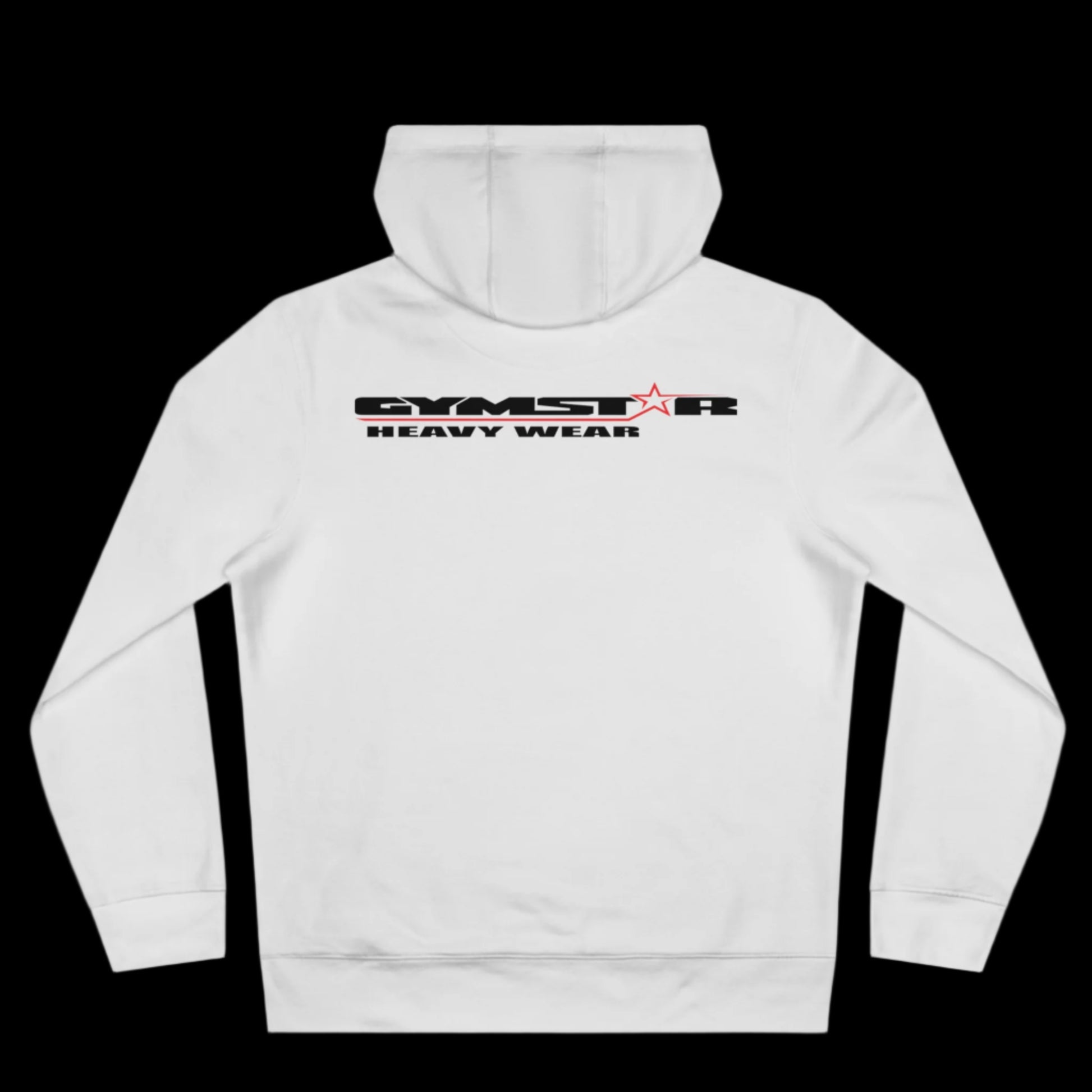 Sport white athletic hoodie gymstar with black graphic featuring the text "HEAVY WEAR" barbel graphic and a  GYMSTAR logo. Rear view.
