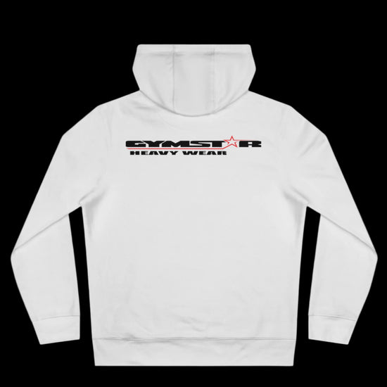 Sport white athletic hoodie gymstar with black graphic featuring the text "HEAVY WEAR" barbel graphic and a  GYMSTAR logo. Rear view.