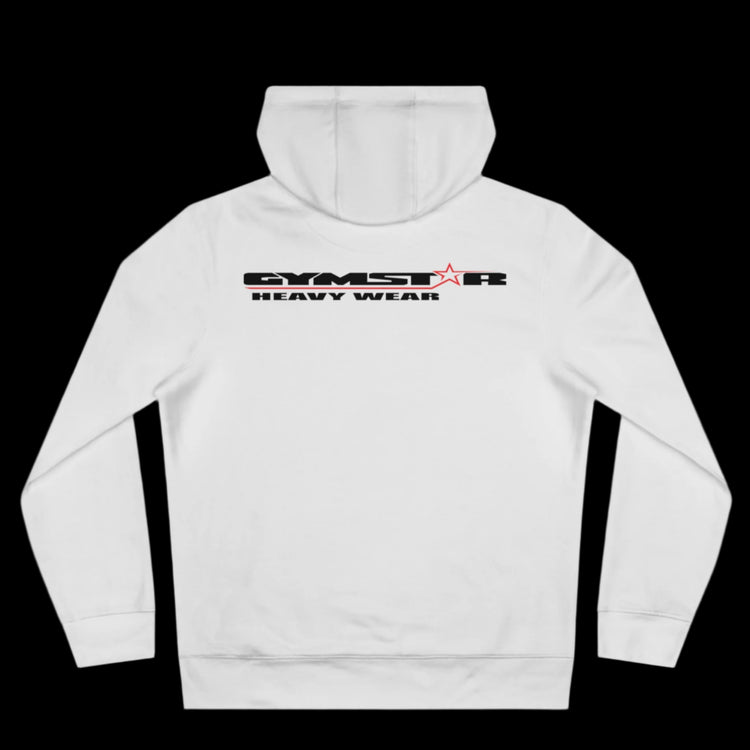 Sport white athletic hoodie gymstar with black graphic featuring the text "HEAVY WEAR" barbel graphic and a  GYMSTAR logo. Rear view.
