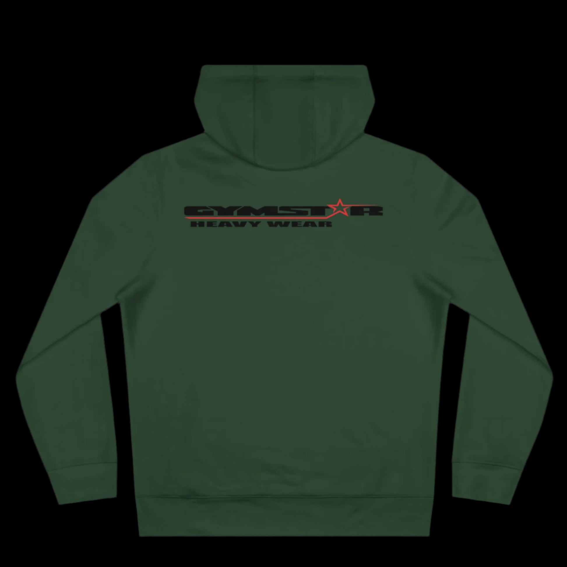 Sport green athletic hoodie gymstar with black graphic featuring the text "HEAVY WEAR" barbel graphic and a  GYMSTAR logo. Rear view.
