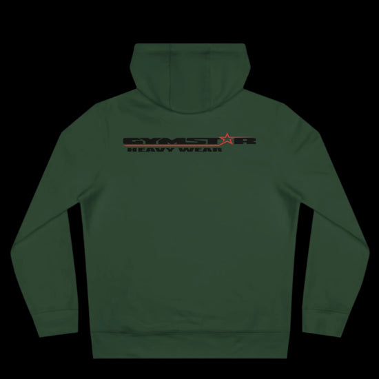 Sport green athletic hoodie gymstar with black graphic featuring the text "HEAVY WEAR" barbel graphic and a  GYMSTAR logo. Rear view.