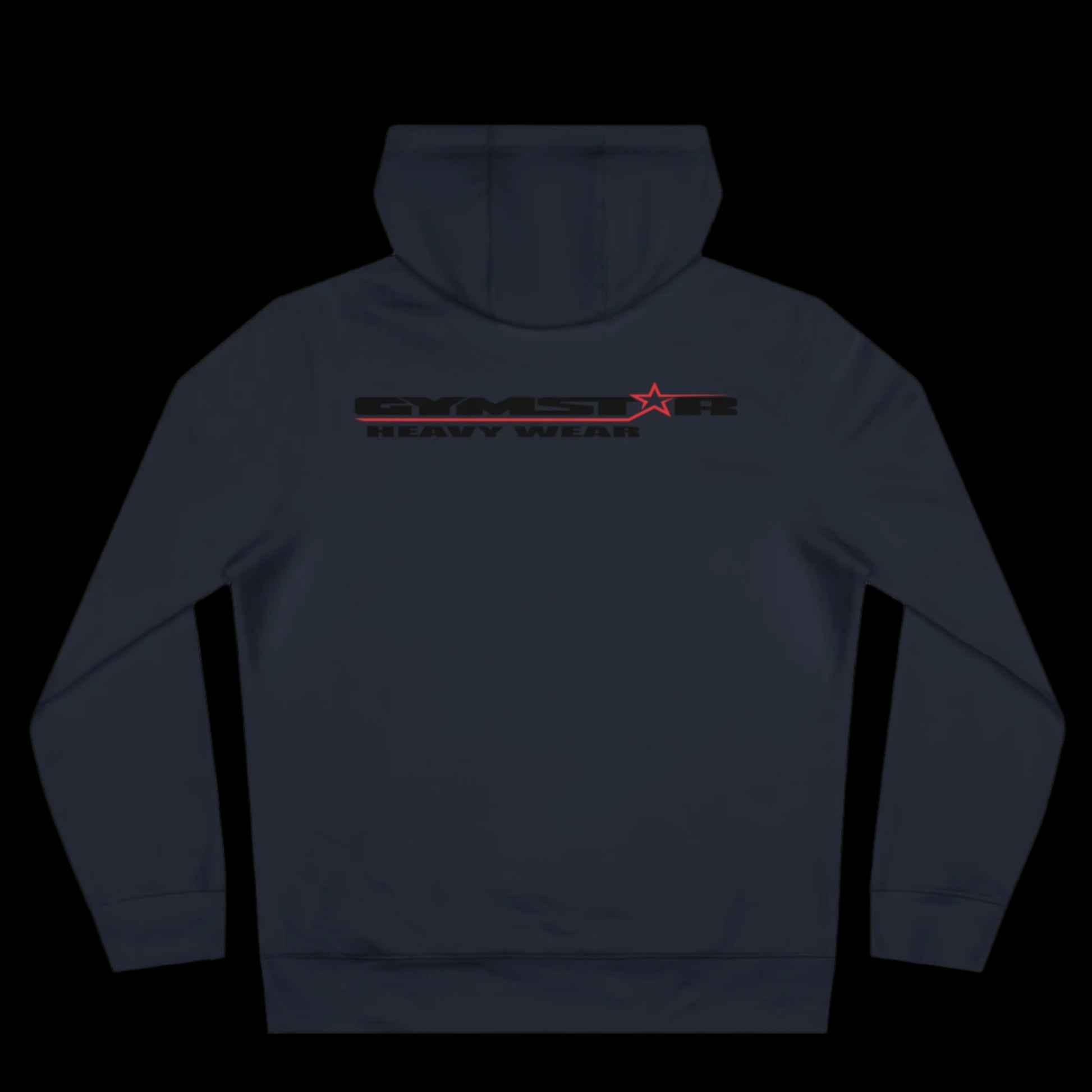 Sport navy blue athletic hoodie gymstar with black graphic featuring the text "HEAVY WEAR" barbel graphic and a  GYMSTAR logo. Rear view.