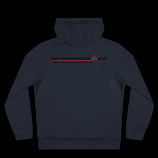 Sport navy blue athletic hoodie gymstar with black graphic featuring the text "HEAVY WEAR" barbel graphic and a  GYMSTAR logo. Rear view.