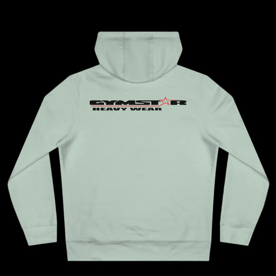 Sport reseda athletic hoodie gymstar with black graphic featuring the text "HEAVY WEAR" barbel graphic and a  GYMSTAR logo. Rear view.