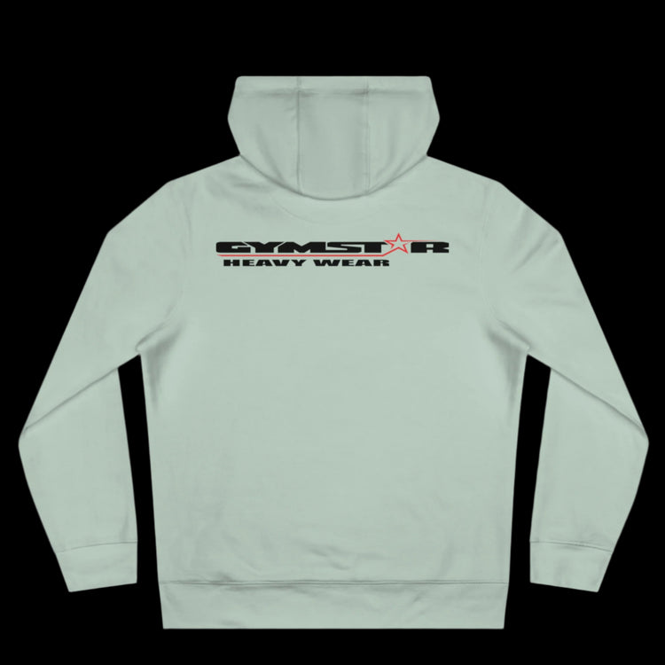 Sport reseda athletic hoodie gymstar with black graphic featuring the text "HEAVY WEAR" barbel graphic and a  GYMSTAR logo. Rear view.