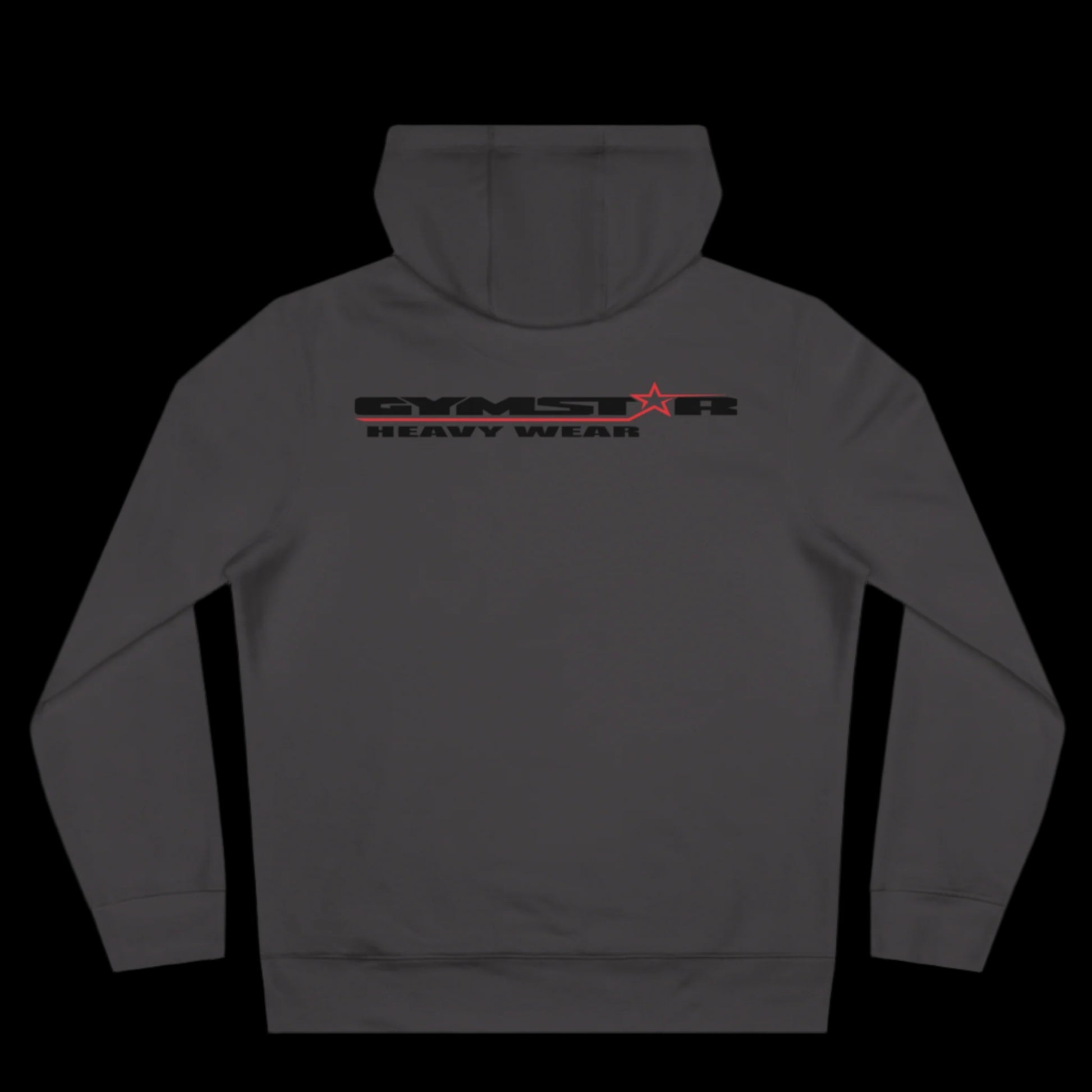 Sport grey athletic hoodie gymstar with black graphic featuring the text "HEAVY WEAR" barbel graphic and a  GYMSTAR logo. Rear view.