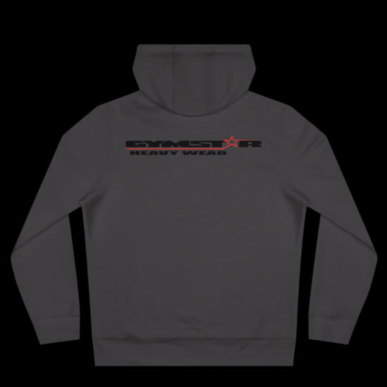 Sport grey athletic hoodie gymstar with black graphic featuring the text "HEAVY WEAR" barbel graphic and a  GYMSTAR logo. Rear view.