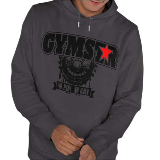 A man wearing sport grey athletic hoodie gymstar with black graphic featuring the text "NO PAIN NO GAIN" barbel graphic and a GYMSTAR logo. Front view.