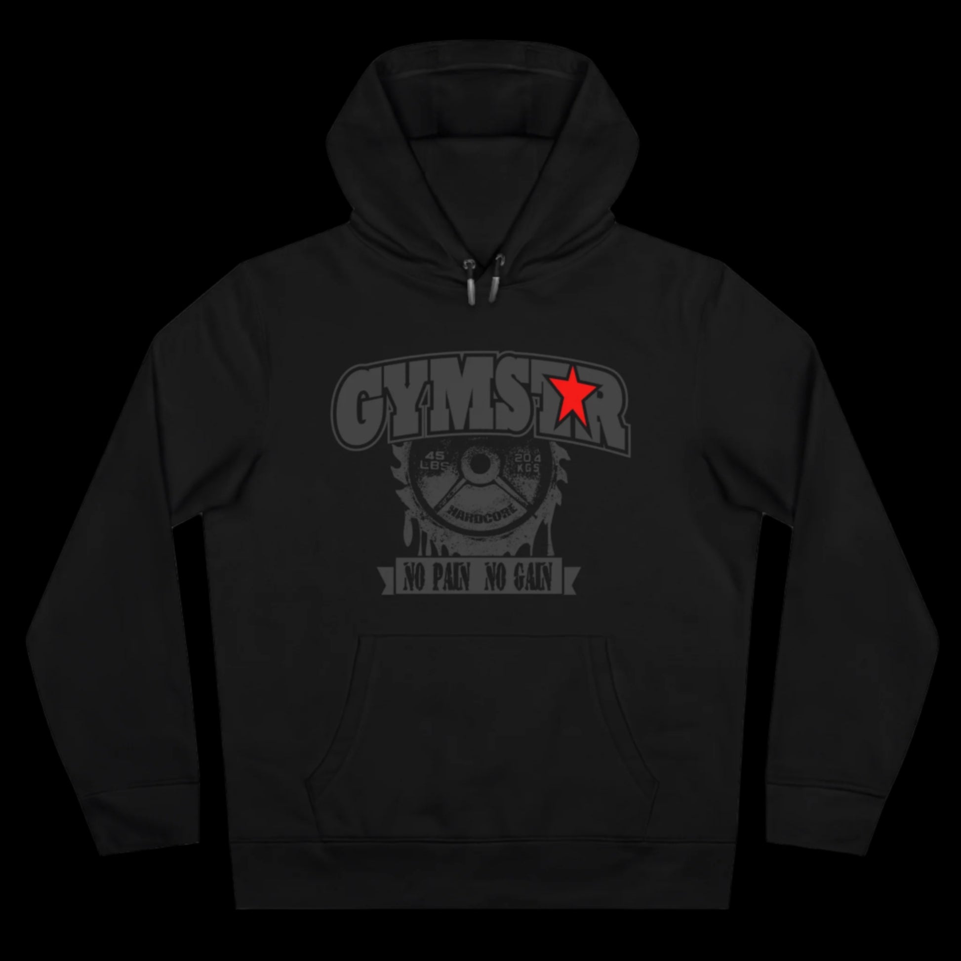 Sport black athletic hoodie gymstar with grey graphic featuring the text "NO PAIN NO GAIN" barbel grephic and a  GYMSTAR logo. Front view.