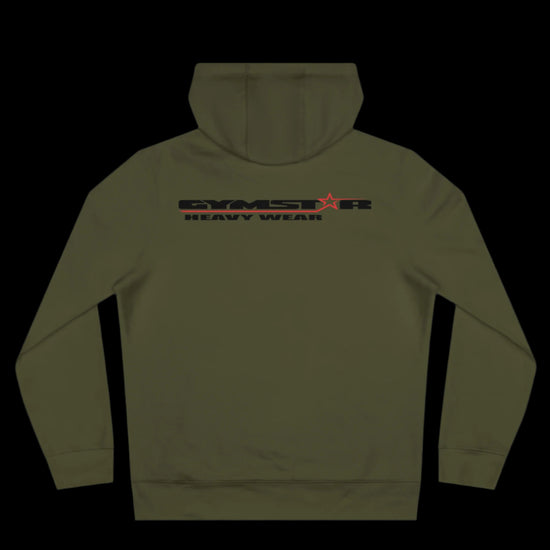 Sport military green athletic hoodie gymstar with black graphic featuring the text "HEAVY WEAR" barbel graphic and a  GYMSTAR logo. Rear view.