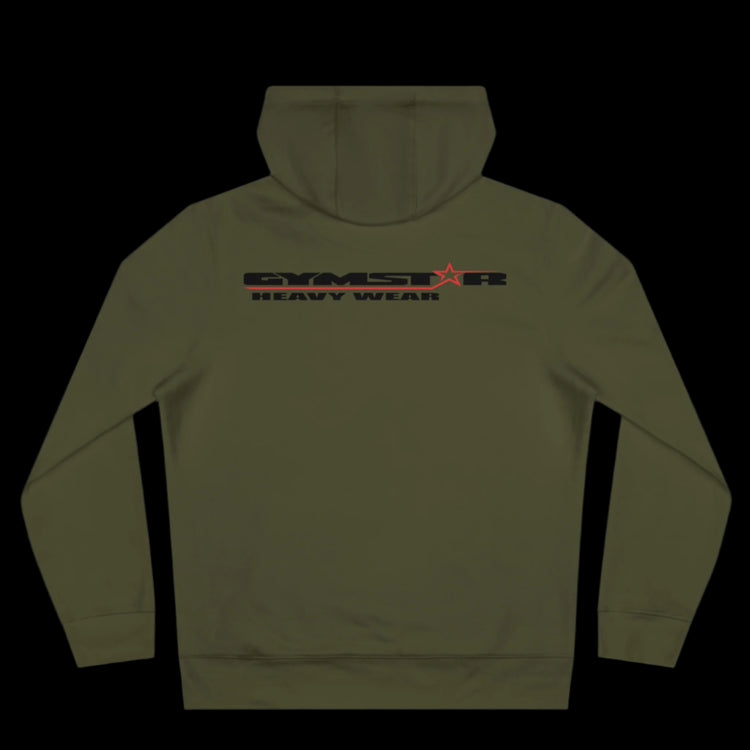 Sport military green athletic hoodie gymstar with black graphic featuring the text "HEAVY WEAR" barbel graphic and a  GYMSTAR logo. Rear view.
