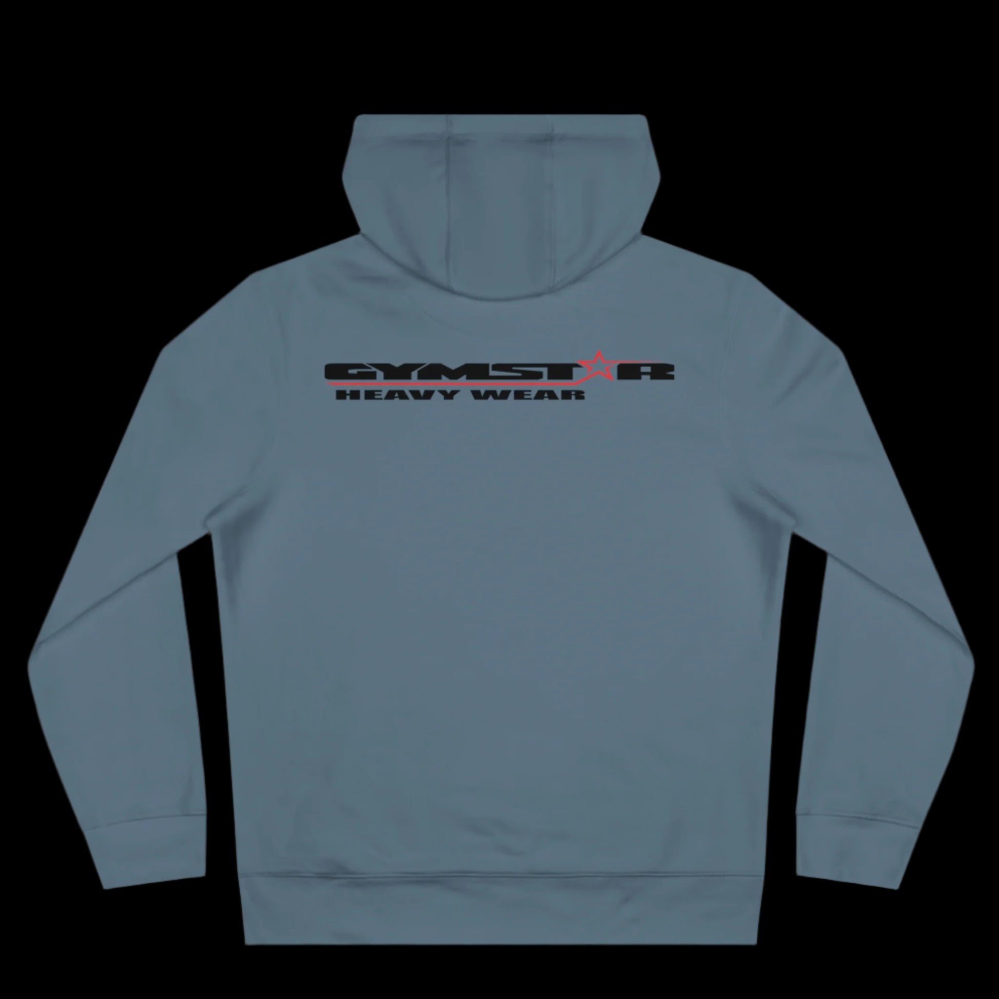 Sport carolina blue athletic hoodie gymstar with black graphic featuring the text "HEAVY WEAR" barbel graphic and a  GYMSTAR logo. Rear view.