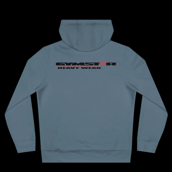 Sport carolina blue athletic hoodie gymstar with black graphic featuring the text "HEAVY WEAR" barbel graphic and a  GYMSTAR logo. Rear view.