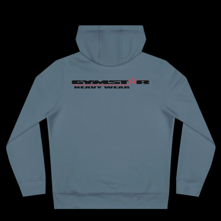 Sport carolina blue athletic hoodie gymstar with black graphic featuring the text "HEAVY WEAR" barbel graphic and a  GYMSTAR logo. Rear view.