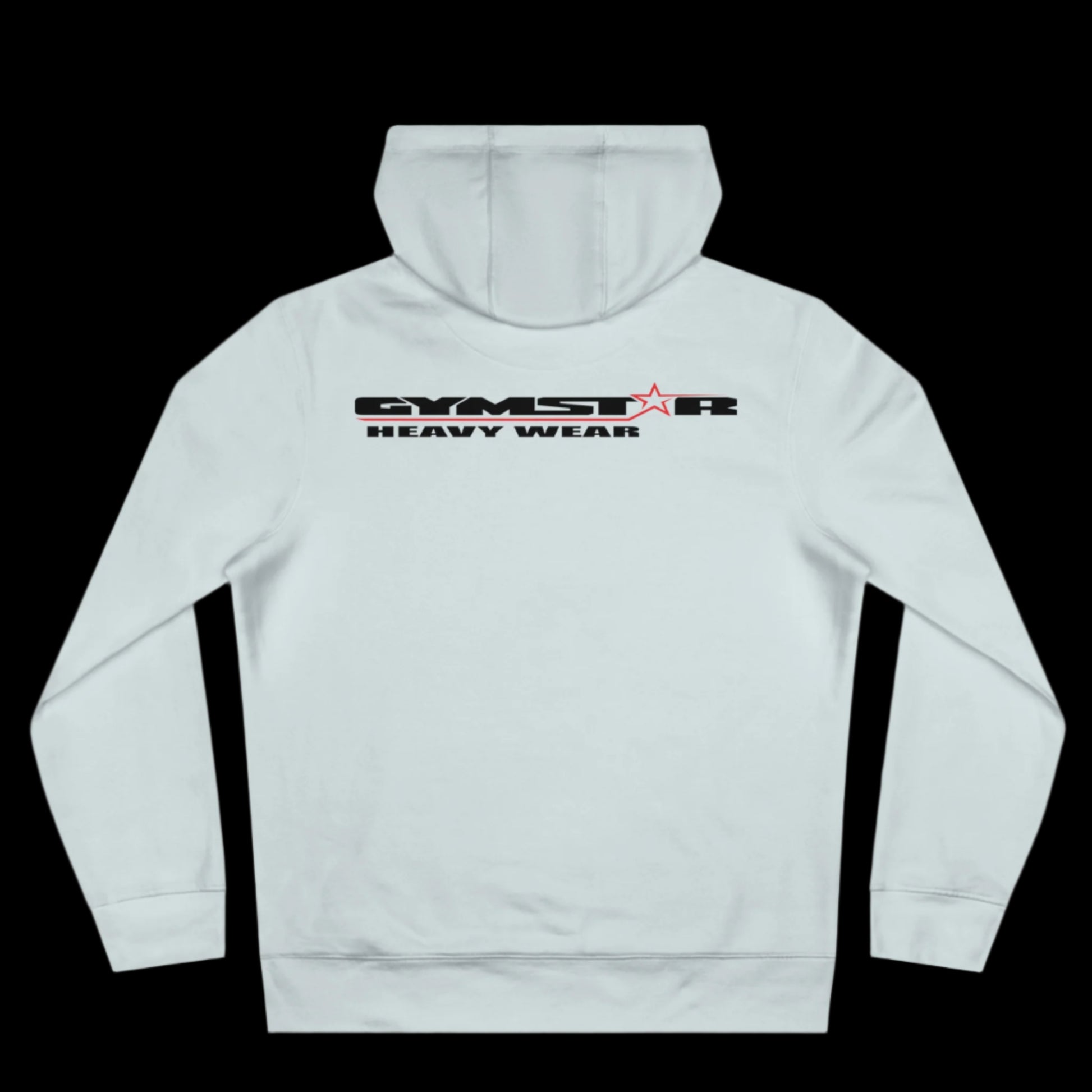 Sport light blue athletic hoodie gymstar with black graphic featuring the text "HEAVY WEAR" barbel graphic and a  GYMSTAR logo. Rear view.
