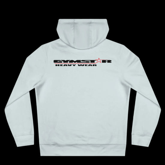 Sport light blue athletic hoodie gymstar with black graphic featuring the text "HEAVY WEAR" barbel graphic and a  GYMSTAR logo. Rear view.