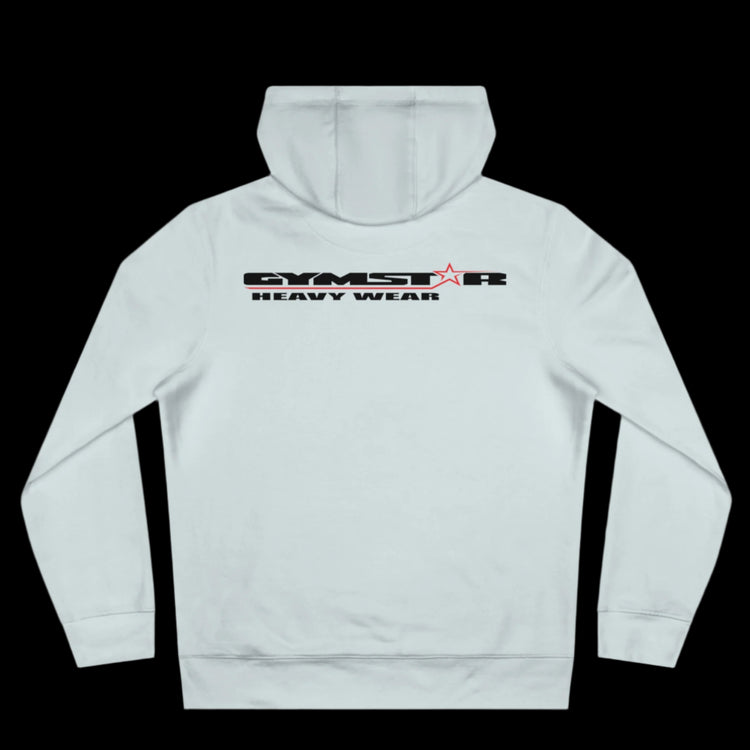 Sport light blue athletic hoodie gymstar with black graphic featuring the text "HEAVY WEAR" barbel graphic and a  GYMSTAR logo. Rear view.