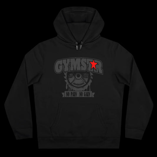 Sport black athletic hoodie gymstar with grey graphic featuring the text "NO PAIN NO GAIN" barbel grephic and a  GYMSTAR logo. Front view.